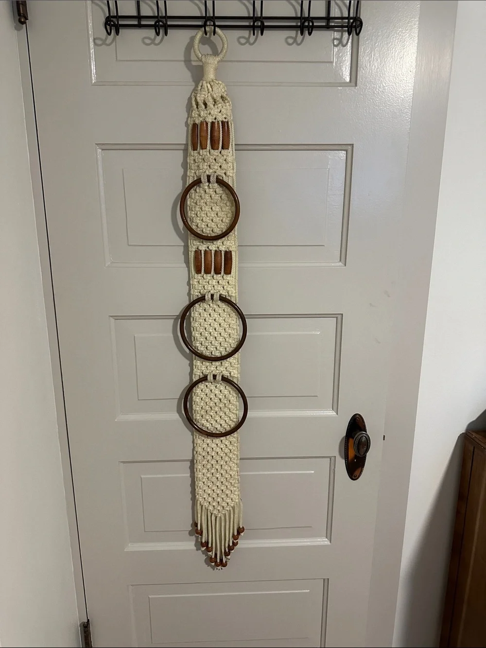 Boho Macrame Wall Hanging Towel Holder with Wooden Rings - Cream
